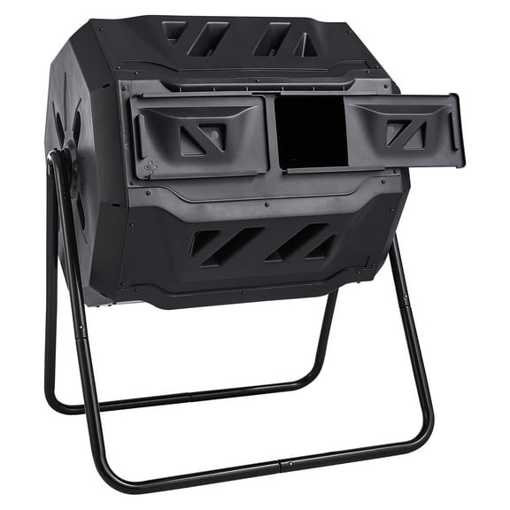 KFFKFF Compost Bin 43 Gal Dual-Chamber Composter Tumbler Rotating Sliding Door 29 x 24.6 x 37.6 in