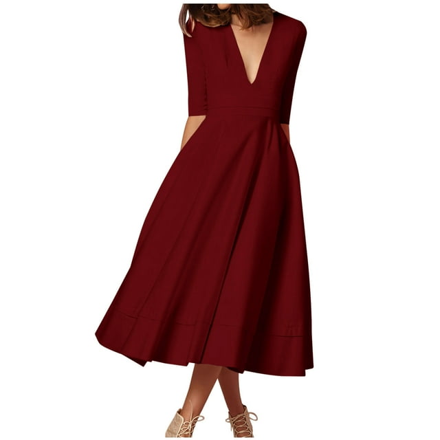 Meichang Robe Femme à Manches 3/4, Coupe Trapèze, Aguichant, Décolleté en V Profond, Robes Maxi avec Poches, Robe d'Été Évasée et Évasée, Douce et Extensible, Robe de Bal, de Soirée, de Fête