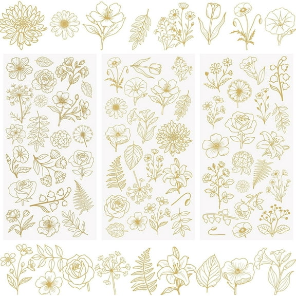 3 Sheets Rub On Transfer Stickers, Golden Flowers Waterproof Decals Furniture Craft Decorative, Junk Journals for DIY Scrapbooking, 15 * 30cm