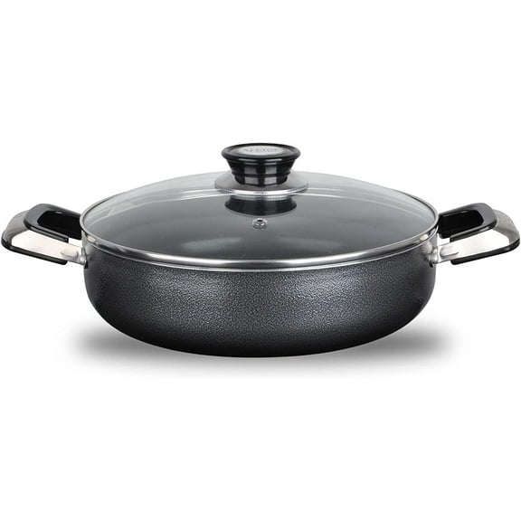 Alpine Cuisine 3.2 Quart Non-stick Caldero Stock Pot with Tempered Glass Lid and Carrying Handles, Multi-Purpose Cookware Aluminum Low Pot Dutch Oven for Braising, Boiling, Stewing