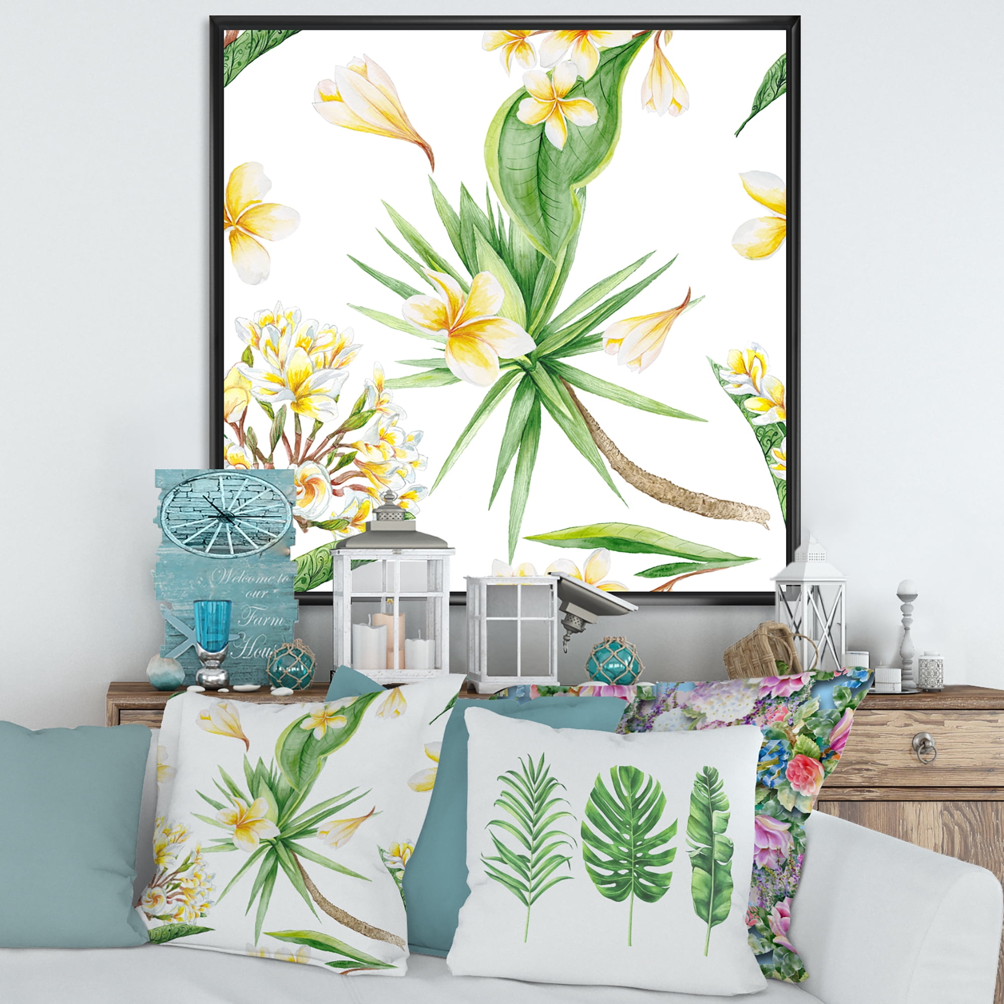 Designart 'Yellow Flowers and Tropical Foliage V' Modern Framed Canvas Wall Art Print