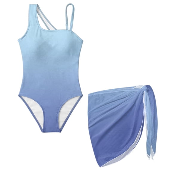 Uourmeti Light Blue Summer Swimsuit for Girls Quick Dry Adjustable Strap One Piece Swimwear with Mesh Cover Up Skirt Padded Swimwear Beachwear