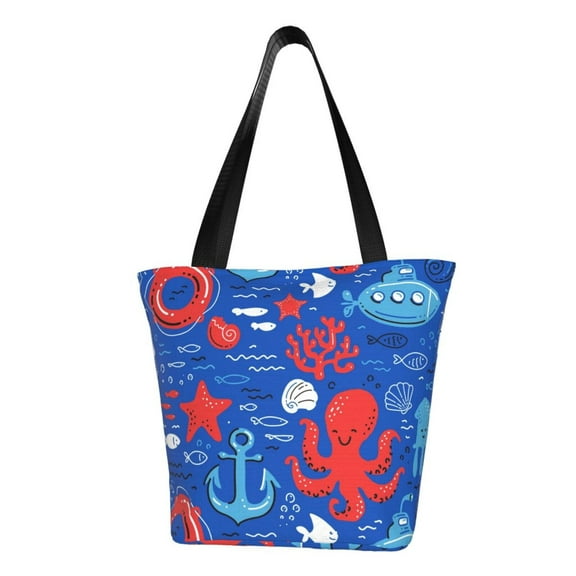 Fotbe Nautical Animals Pattern Beach Tote,Shoulder Handbag,Spacious Tote Bag,Lightweight Travel Bag,Versatile Shopping Bag