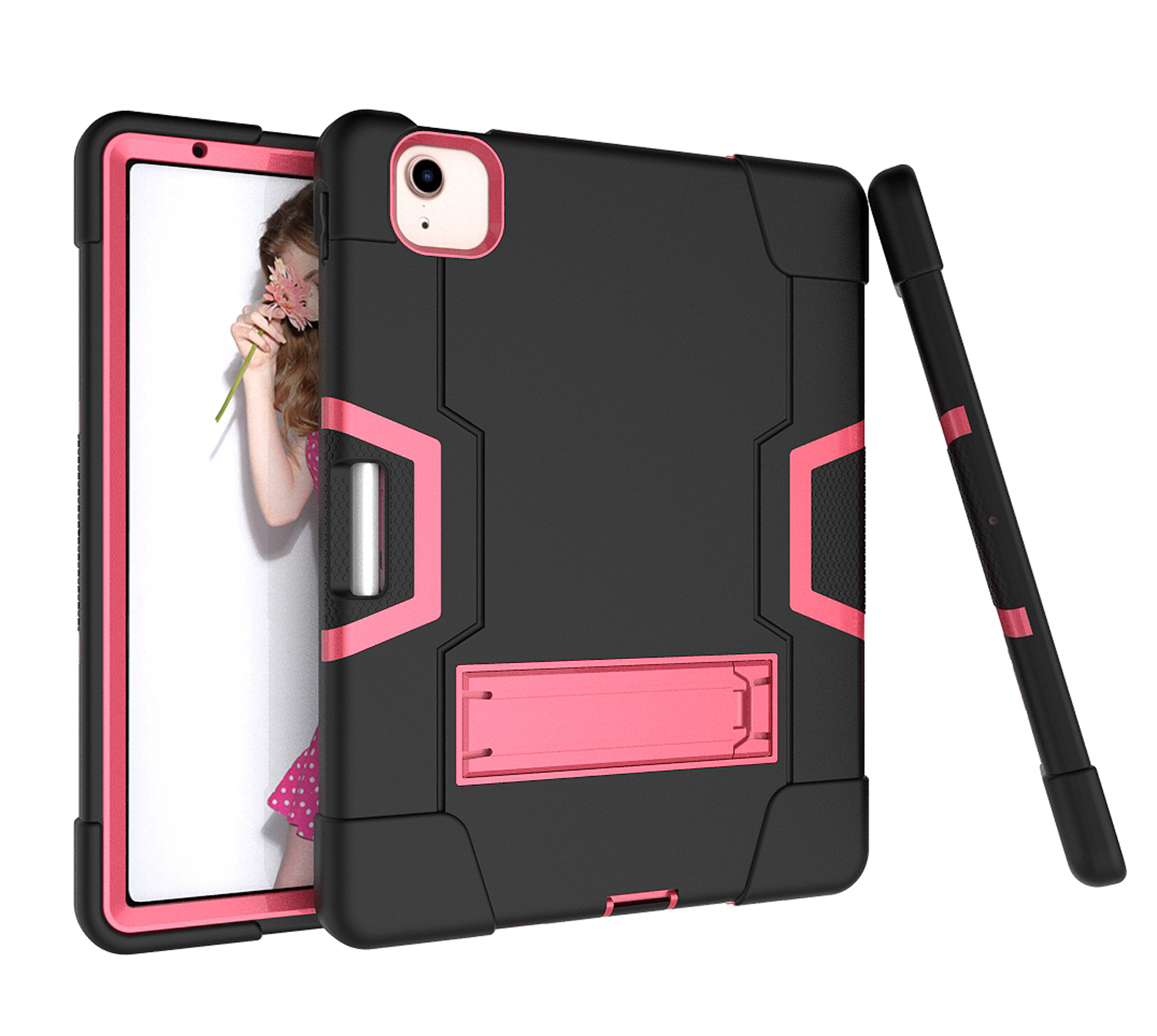 Allytech iPad Air 5 Case 2022, iPad Air 4 Case 2020, Heavy Duty Protection Shockproof Build In Kickstand Pencil Holder Kids Friendly Case for Apple iPad Air 5th 4th Generation, BlackBlack/Rose