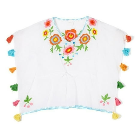Azul Suit - Azul Little Girls Aqua Flower Embroidered Tassel Hippie Dippie Kaftan 8/10