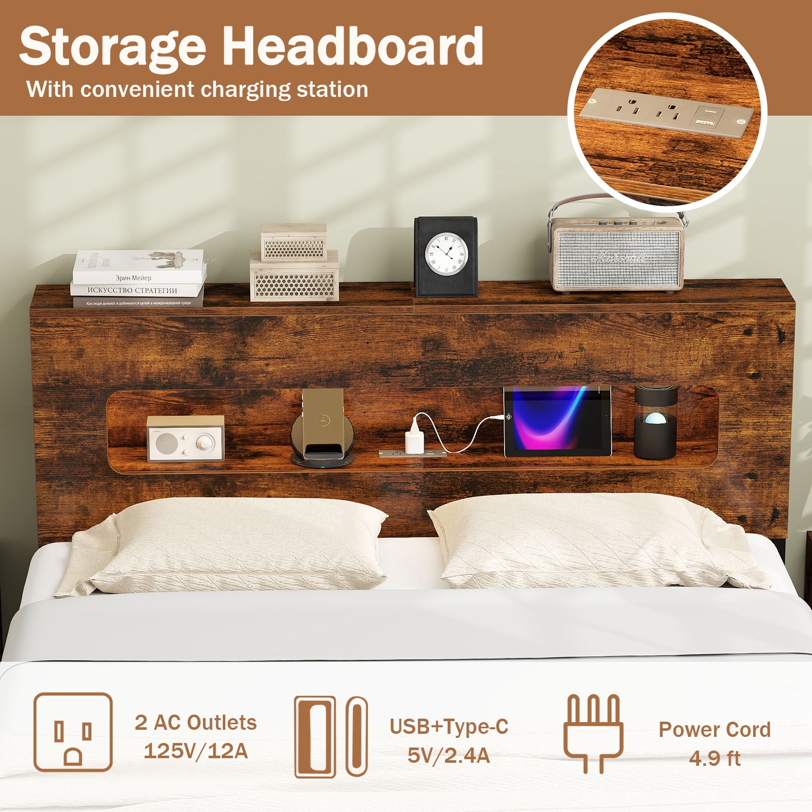 Furnibear Full Size Bed Frame, Slatted Platform Bed Frame with LED Lights, Full Bed Frame with Storage Headboard for Bedroom, Rustic Brown and Black