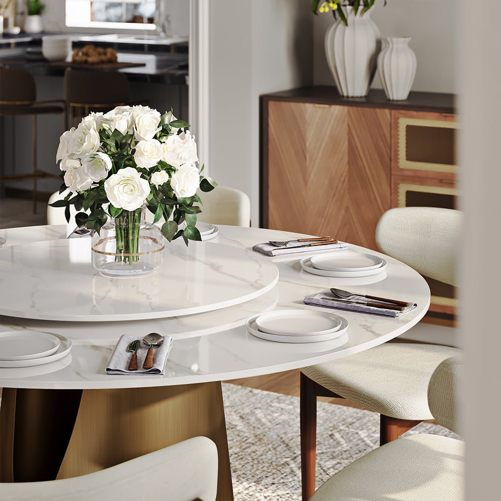 POVISON 51" Modern White Round Dining Table with Lazy Susan for 4-6, Tempered Glass Tabletop,Carbon Steel Base