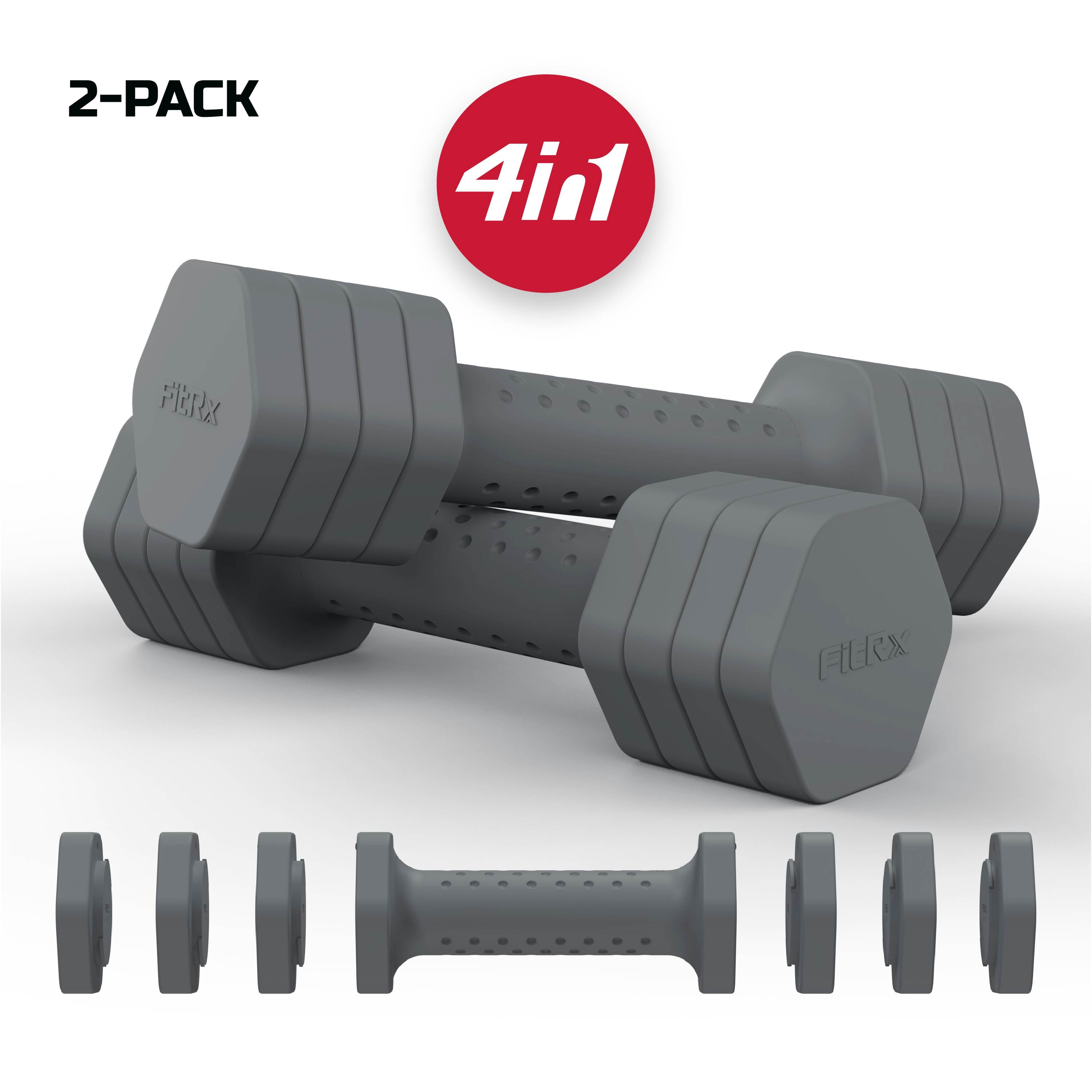 FitRx 5-Lb Adjustable Dumbbells 4-in-1 Hand Weights for Home Gym, Gray 2-Pack