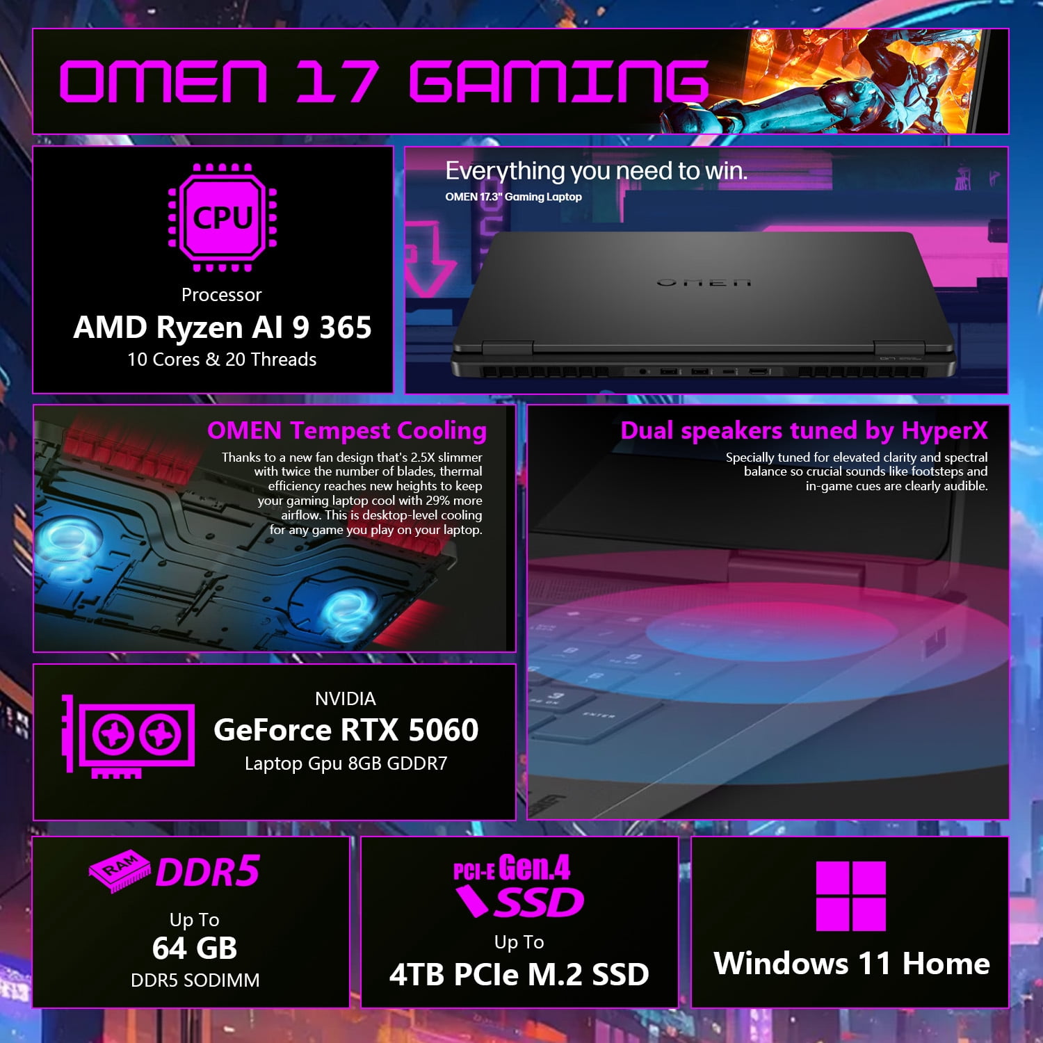 HP Omen 17.3" FHD 144Hz IPS Gaming Laptop, AMD Ryzen AI 9 365, Nvidia RTX 5060 8GB GDDR7, 16GB DDR5 RAM, 1TB SSD
