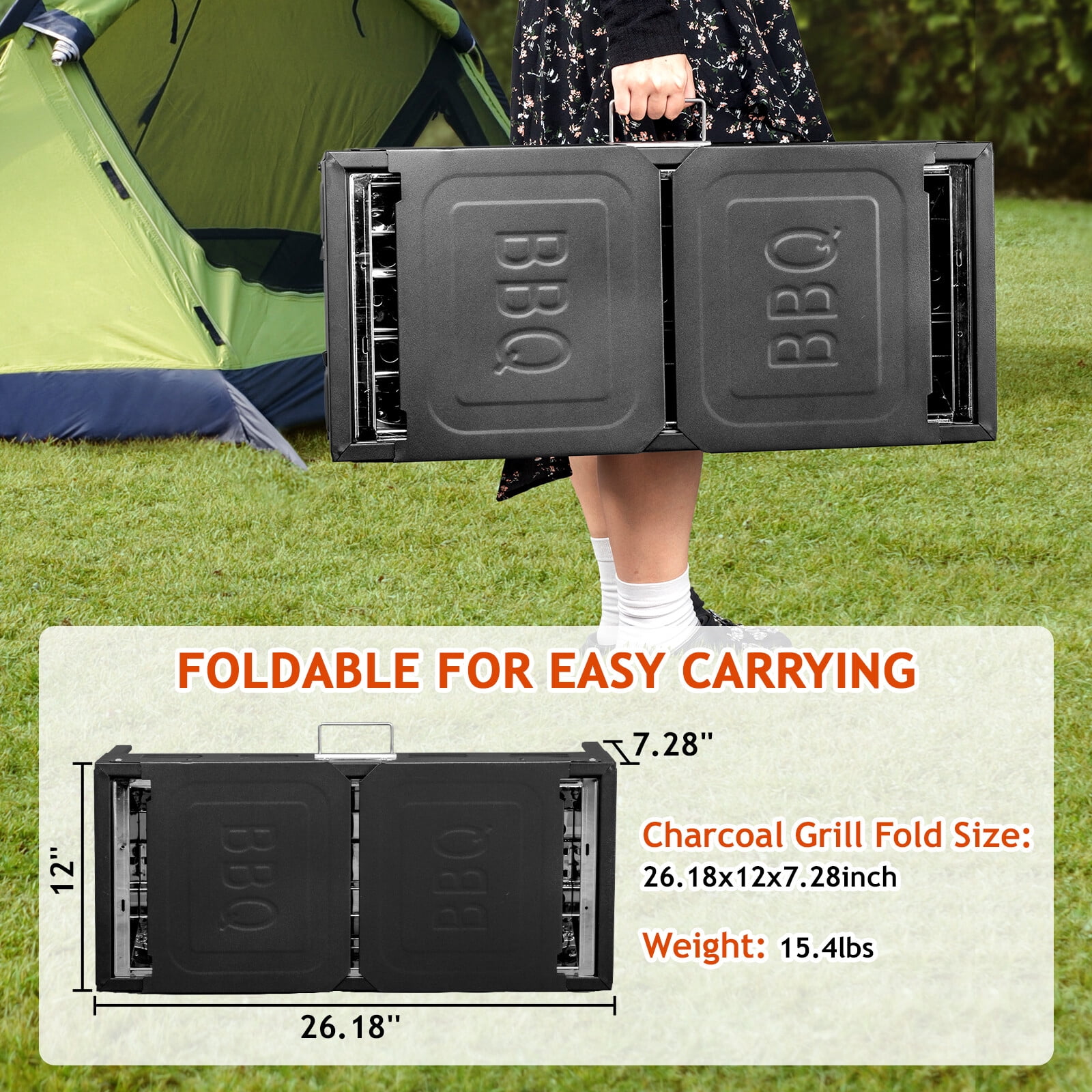 Portable Outdoor Charcoal Grill Foldable Kabob Barbecue Grill w/ Storage Holder