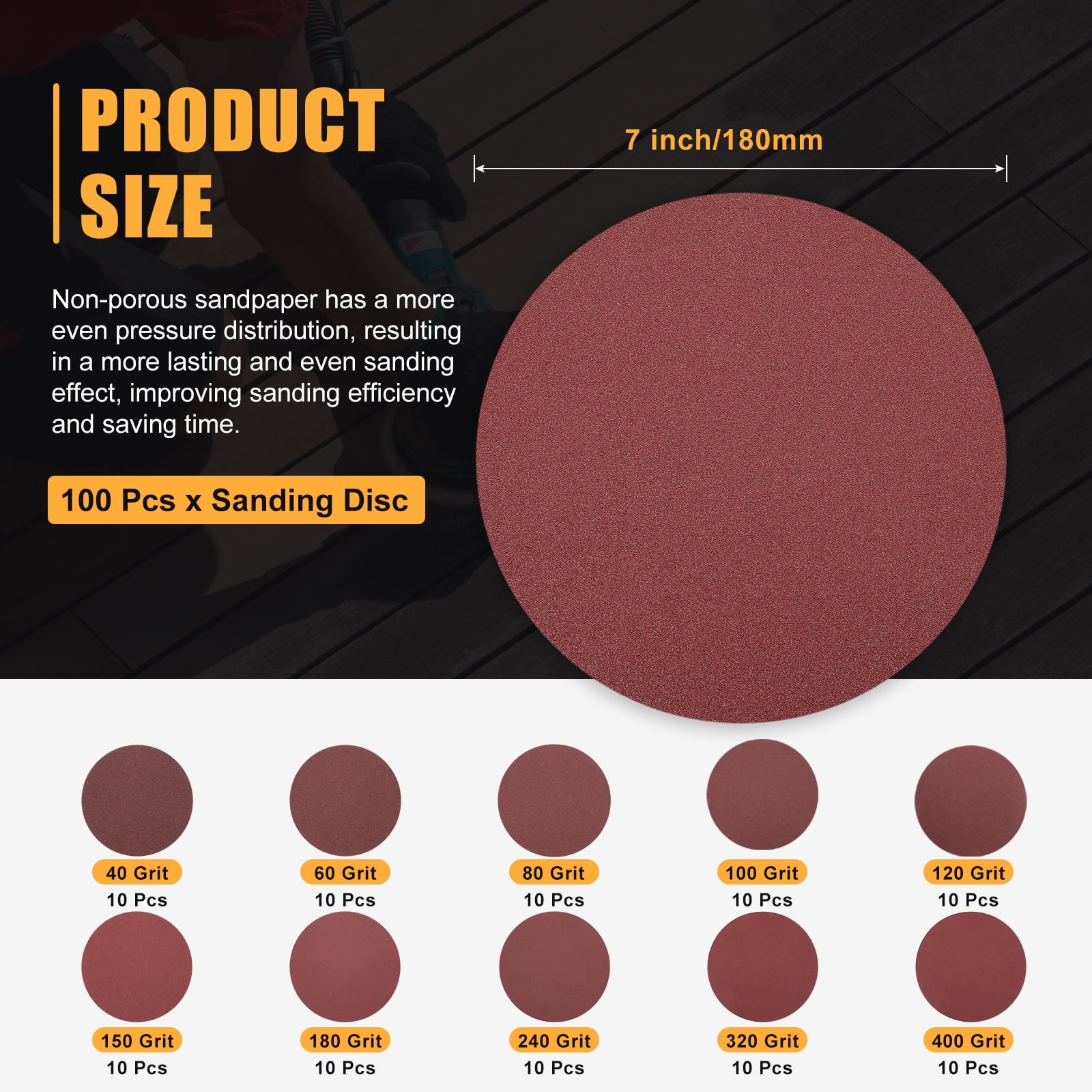 10 Pcs 9 Inch Sanding Disc 180 Grit Hook and Loop Sandpaper Random Orbital Sander Pads for Woodworking Automotive, Gold
