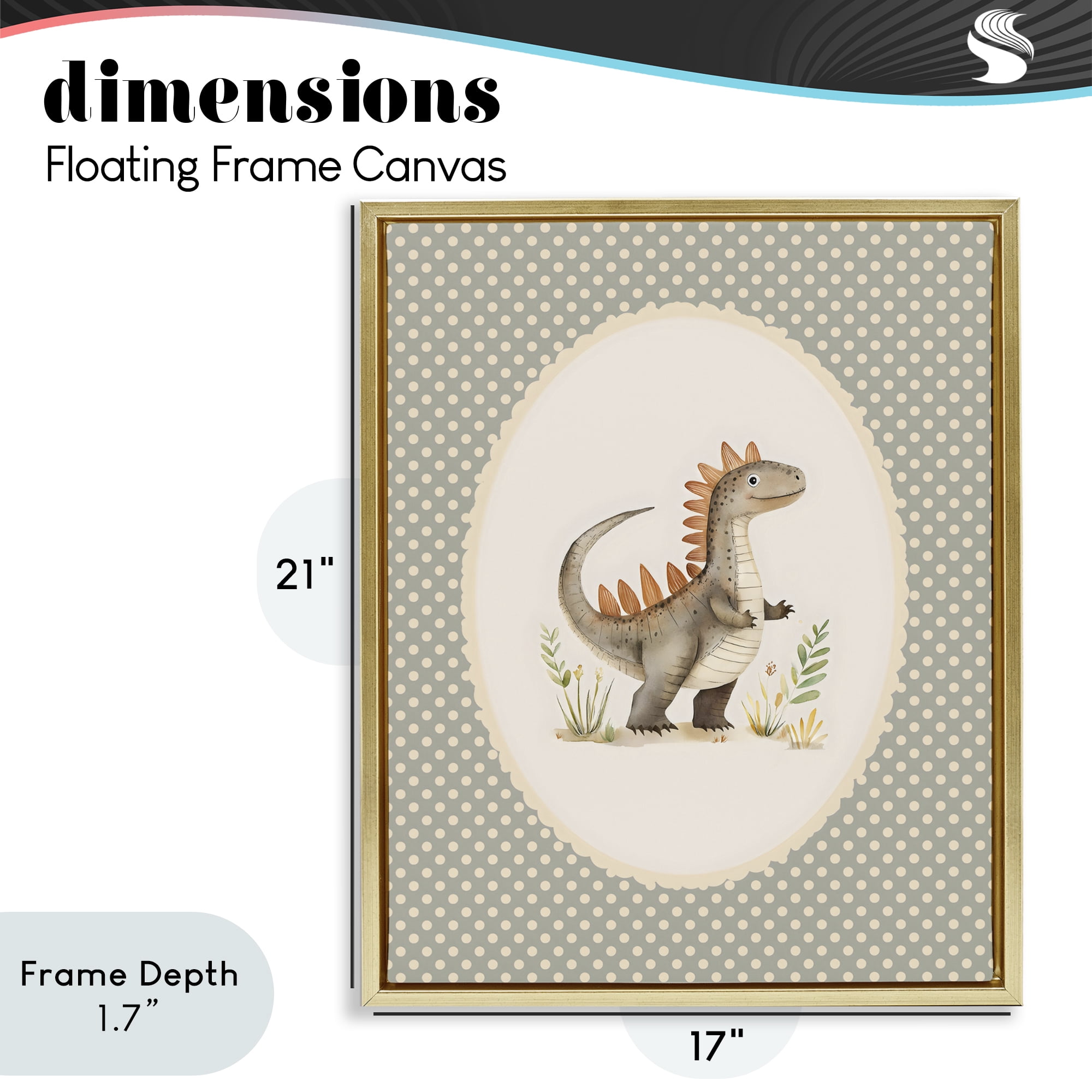 Stupell Industries Watercolor Dinosaur Polka Dot Border Gold Framed Floater Canvas Wall Art, design by LSR Design Studio