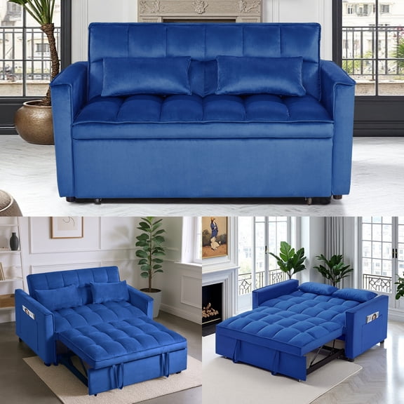 Gewnee 54" 3 in 1 Convertible Sleeper Sofa Bed,Velvet Pull Out Couch with Adjustable Backrest,Loveseat with Pillows & Pockets for Living Room,Apartment,Blue