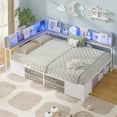 thumbnail image 4 of AOGLLATI Full Size Daybed Frame with 6 Drawers & Bookcase Storage - 14 Inch Metal Platform Daybed with Charging Station & LED Lights, White & Oak Grey, 4 of 10