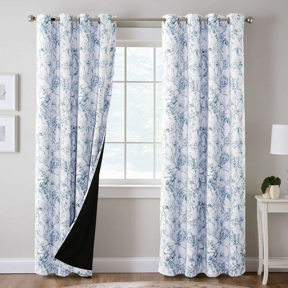 H.VERSAILTEX 100% Blackout Curtains Camellia Floral Printed Drapes Leah Floral Thermal Bedroom Curtains for Living room with Black Liner 2 Panels,52" x 84",Stone Blue
