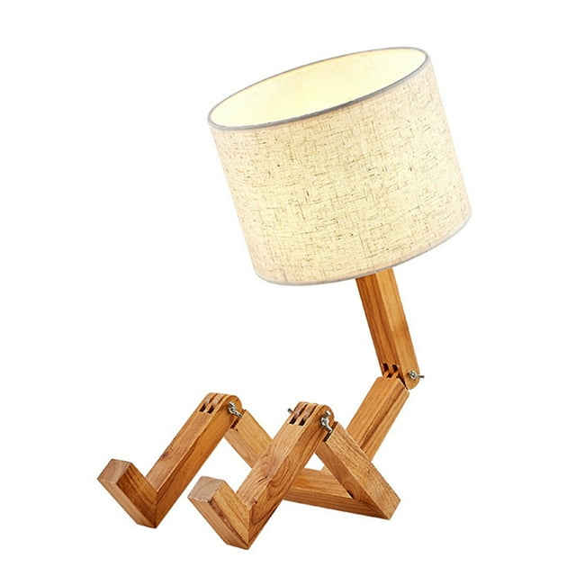 Graflsoa Lampe de Table Robot Réglable avec Abat-Jour en Bois - Design Pliable pour Chambre, Bureau Ou Hôtel - Base E27 (Ampoule Non Incluse) - Options Beige Ou Blanc