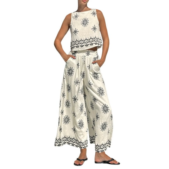 Womens Boho Floral Y2k Summer 2 Piece Outfits Tank Tops and Wide Leg Pants Set White XL