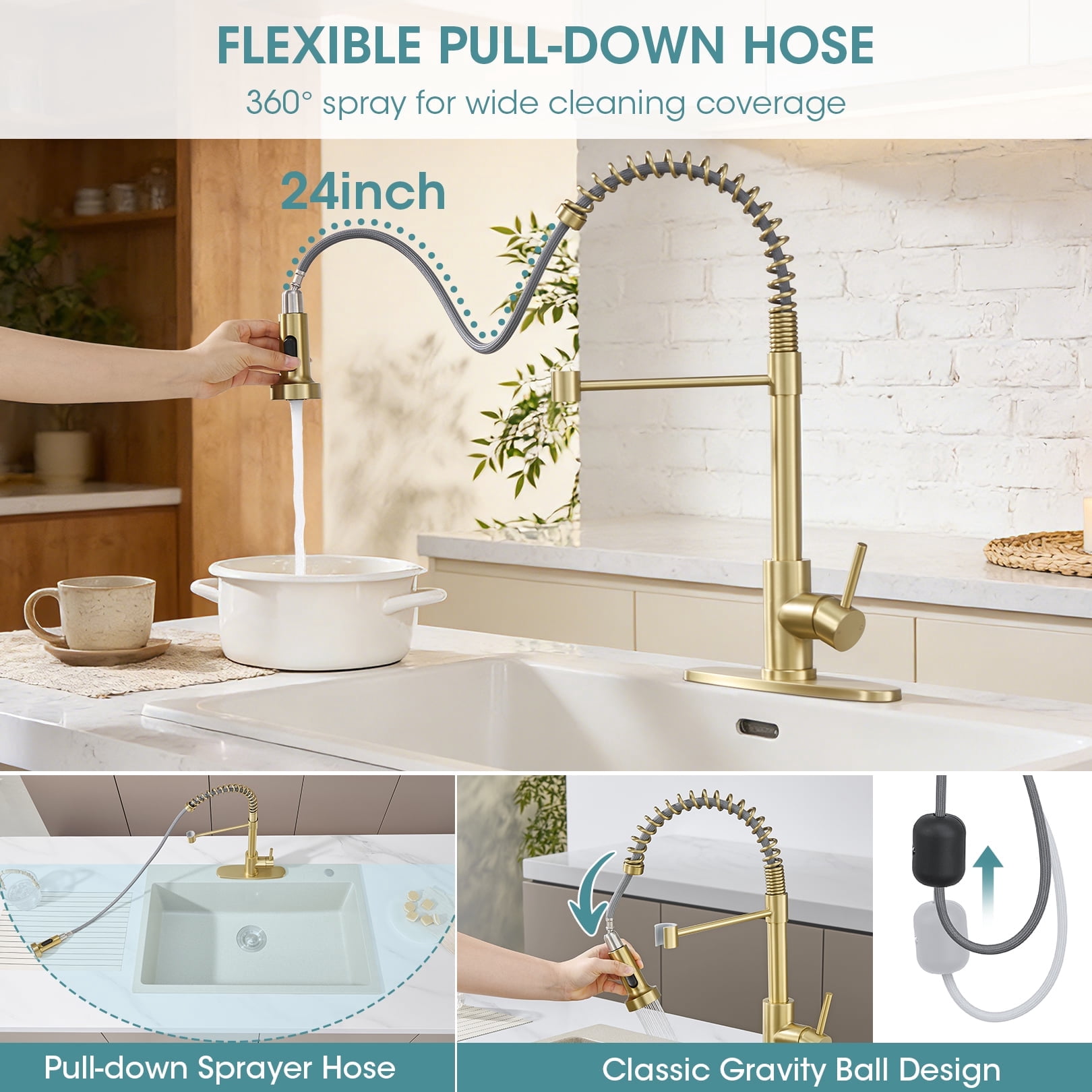Wowkk Sanitary Ware 304 Stainless Steel Kitchen Faucet with Pull Out Sprayer, 2 Water Modes Single Handle Kitchen Sink Faucets with Deck Plate for Laundry Bar Patio Sink, Brushed Gold