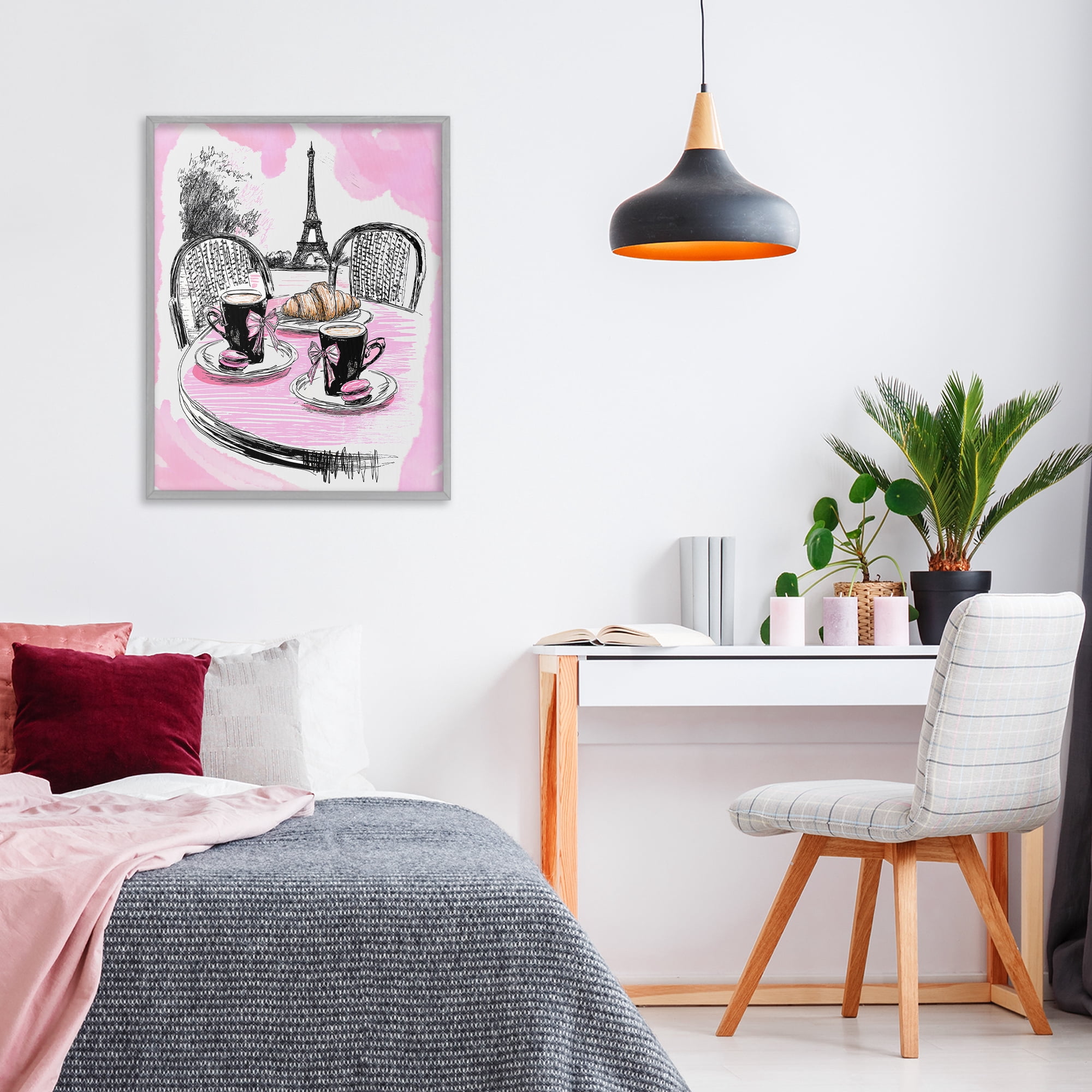 Stupell Industries Pink Parisian Cafe Breakfast Gray Framed Giclee Art, design by Jess Stempel