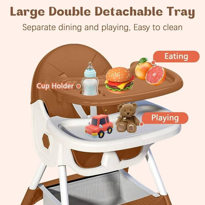 JieC Baby High Chair, 4 in 1 Convertible Highchair for Babies & Toddlers, Double Tray Dining Chair with 5-Point Harness & Silent Wheel,Brown