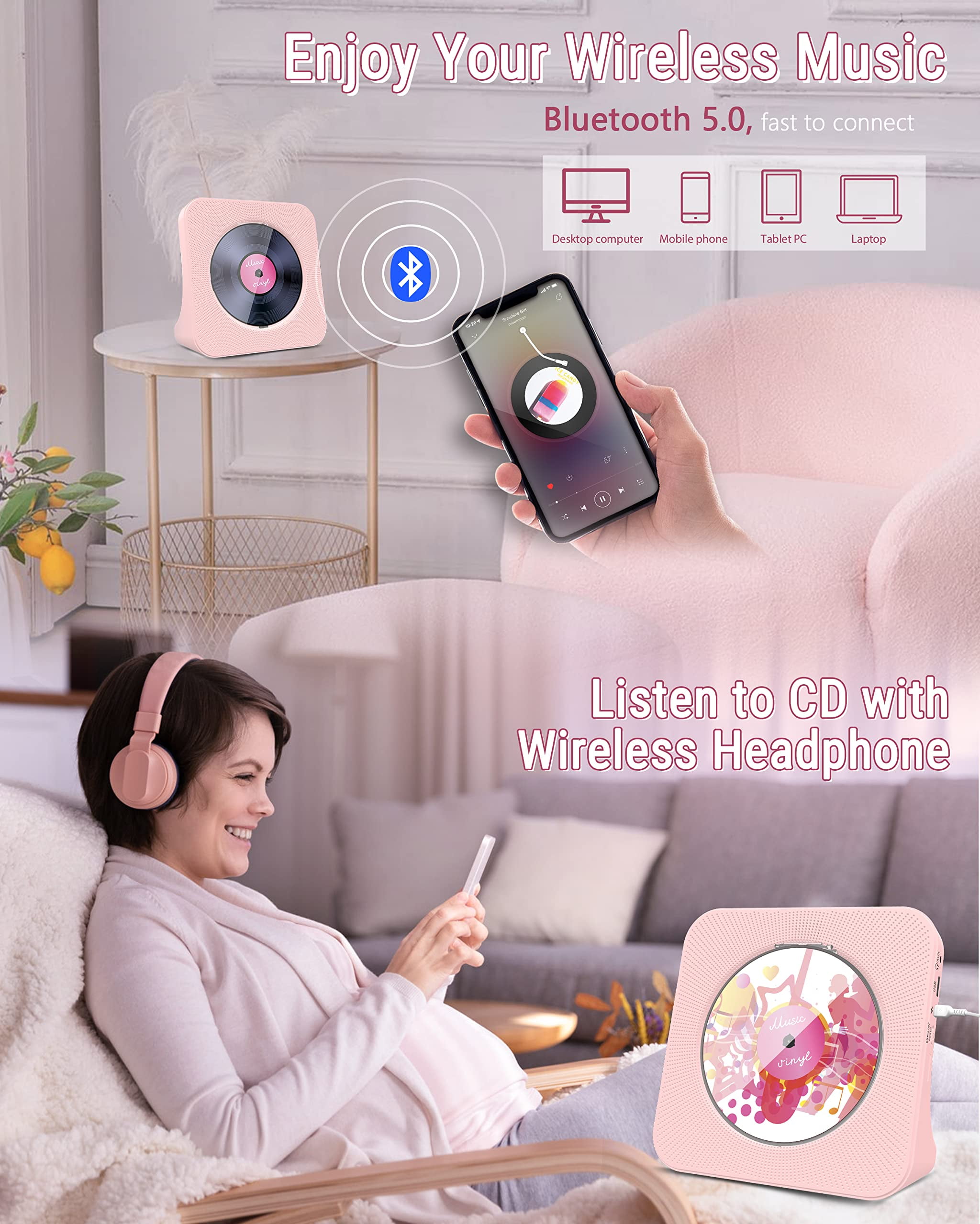 Jazmm CD Player Portable with Bluetooth, HiFi Sound Speaker, FM Radio CD Music Player for Home with Remote Control,  for Home Desktop
