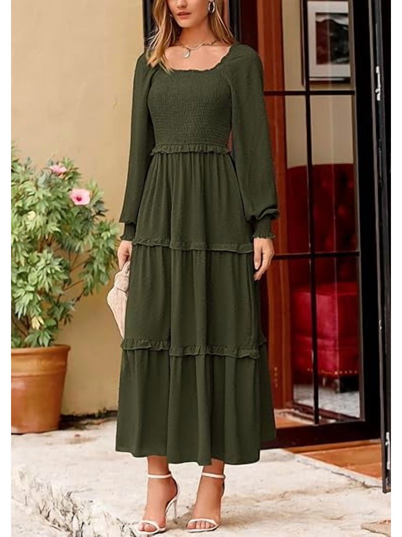 womens long sleeve smocked dress Yura Women's Floral Print Long Sleeve Smocked Mini Dress