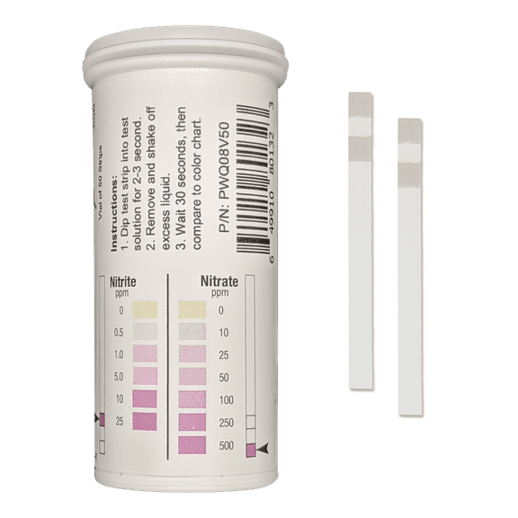 Nitrite 0-25 ppm, Nitrate 0-500 ppm Two Pad Plastic Test Strips [Vial of 50 Strips]