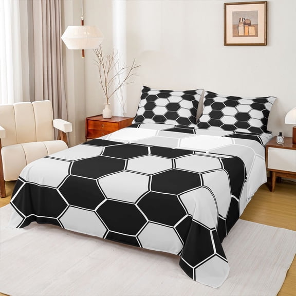 Manfei Modern Geometric Abstract Twin Sheet Sets,Retro Geometric Honeycomb Twin Fitted Sheet,Gray Black Flat Sheet For Boys Kids,Ultra Soft Home Decor,3-Piece
