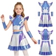thumbnail image 4 of iiniim Girls 3 Pieces Halloween Alien Cosplay Outer Space Outfit Cap Sleeve Glossy Color Block Top and Skirt with Oversleeves for Role Play Party Silver 16, 4 of 7
