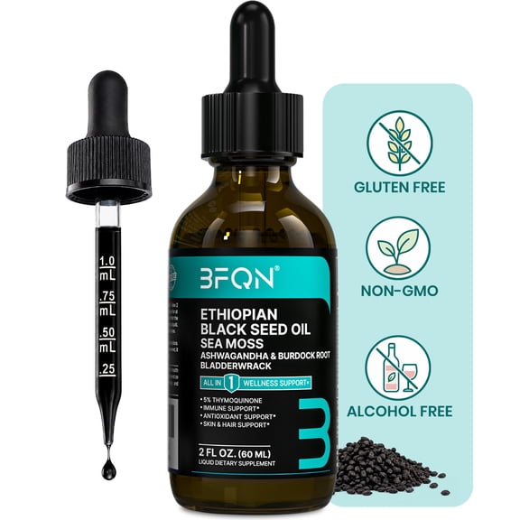 BFQN Ethiopian Black Seed Oil Drops Supplement | 5% Thymoquinone, 5-in-1 with Organic Irish Seamoss Ashwagandha Burdock Root & Bladderwrack - Vegan for Immune, Skin & Hair Support, 2 fl oz (60 ml)