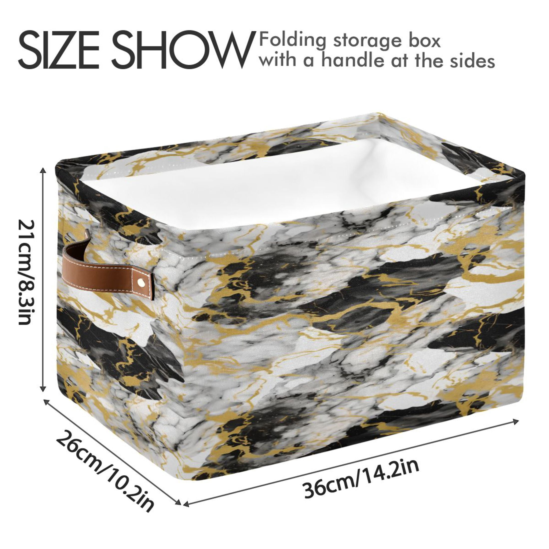 White Gray Black Gold Marble Storage Bins with Handle Fabric Organizer Basket Foldable Box 2 Pack 14.2x10.2x8.3
