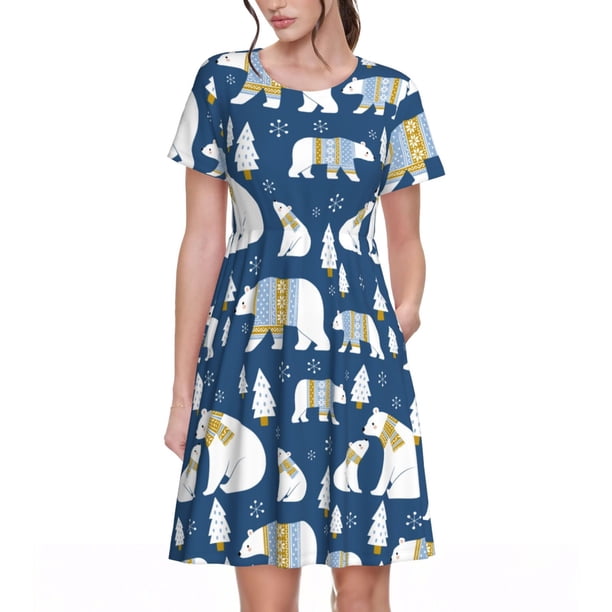 Easygdp cute winter bear para Vestido Transpirable de Mujer, Vestido Suelto de Manga Corta con Pliegues y Bolsillos para el Verano