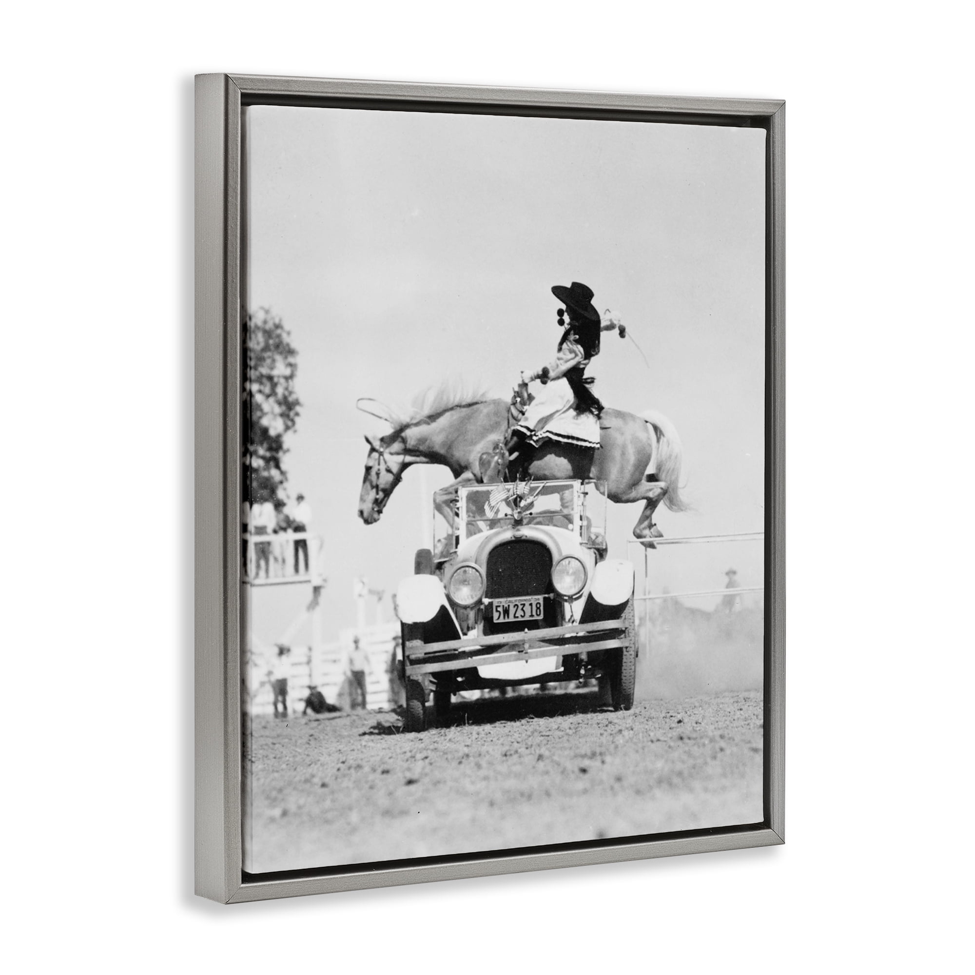 Stupell Industries Rodeo Girl Jumping Horse Animals Photography Gray Floater Framed Canvas Art Print Wall Art, 25 x 31