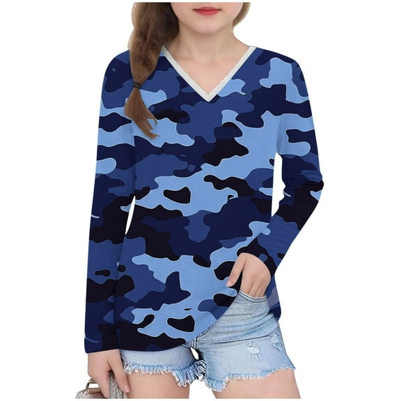dazeni Girl's Camo Print Long Sleeve Tee Shirt V Neck Fall Casual Tee Tops Loose Casual Tuinc Tops for Kids