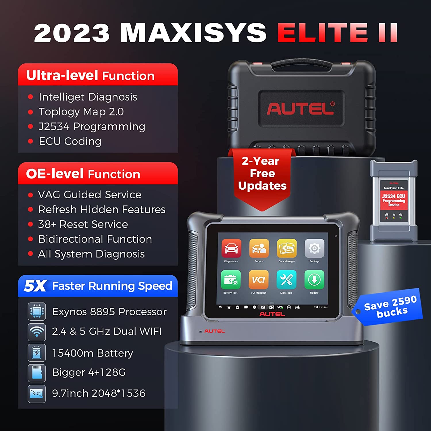 Autel Maxisys Elite II Car Diagnostic Scan Tool with J2534 ECU Programming   Coding, 38 Services, Topology Mapping, Year Free Update, Same as  MS909/MS919/Ultra