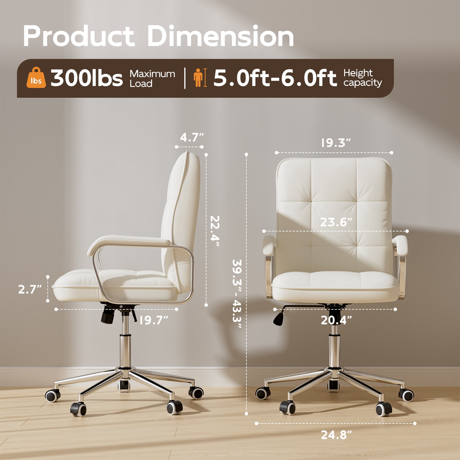 Ninecer Ergonomic Office Chair with Wheels, 360° Swivel Desk Chair with Rocking Function, PU Leather Computer Chair for Home Office, Study,, Beige