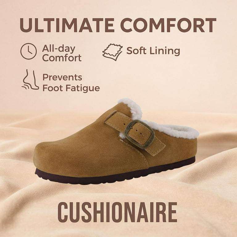 Cushionaire Haven Genuine Leather Clogs for Women – Faux Fur Lined