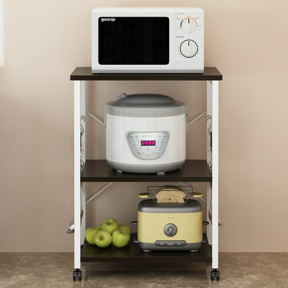 Zimtown 3-Tier Rolling Kitchen Microwave Cart, Baker's Rack, Microwave Oven Stand, Kitchen Storage Shelf Shelving Unit Organizer with 10 Hooks for Living Room, Home, Office, Black/White