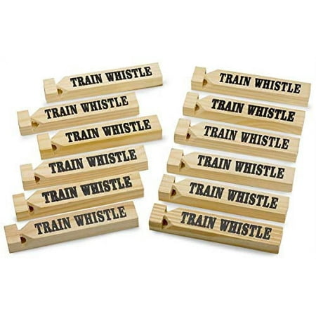 Kicko 12 Pack Wooden Train Whistles, 5.75 Inch - Printed On A Locomotive and Words Train Whistle and Choo Choo - for Kids of All Ages, Party Favor