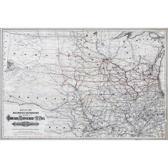 24"x36" Gallery Poster, Map of Chicago Milwaukee St. Paul Railroad 1881