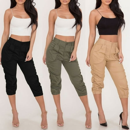 

Taluosi Women Summer Solid Color High Waist Pockets 3/4 Harem Trousers Cropped Pants