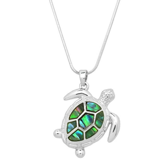 Sea Turtle Pendant Necklace Abalone Shell Rhodium Plated 17 Inch Snake Chain J0711