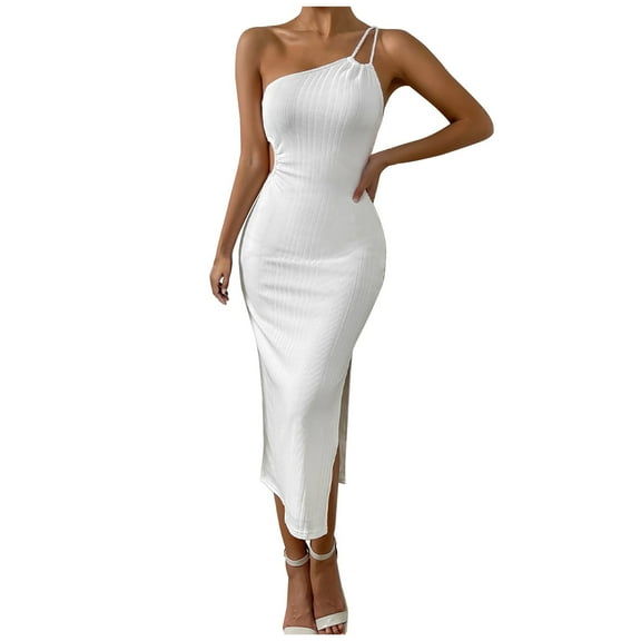 One Shoulder Dress for Women Sleeveless Ribbed Bodycon Midi Dress Plain Sexy Side Slit Cocktail Party Dress