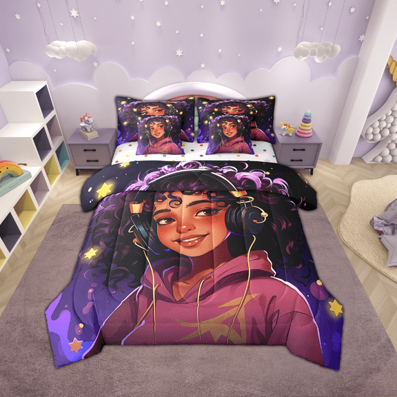 Afro Hair Girl Comforter Set 7 Piece Bed in a Bag Twin,Cute Afro Melanin Princess Bedding Sets Musical Headphone Curly American Black Girls Sheet Set with Comforter