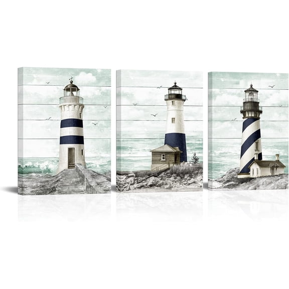 Visual Ocean Nautical Lighthouse Bathroom Beach Pictures Wall Art Framed Canvas Prints Beach Bathroom Decor 3 Piece (12x16inchx3 Pieces)
