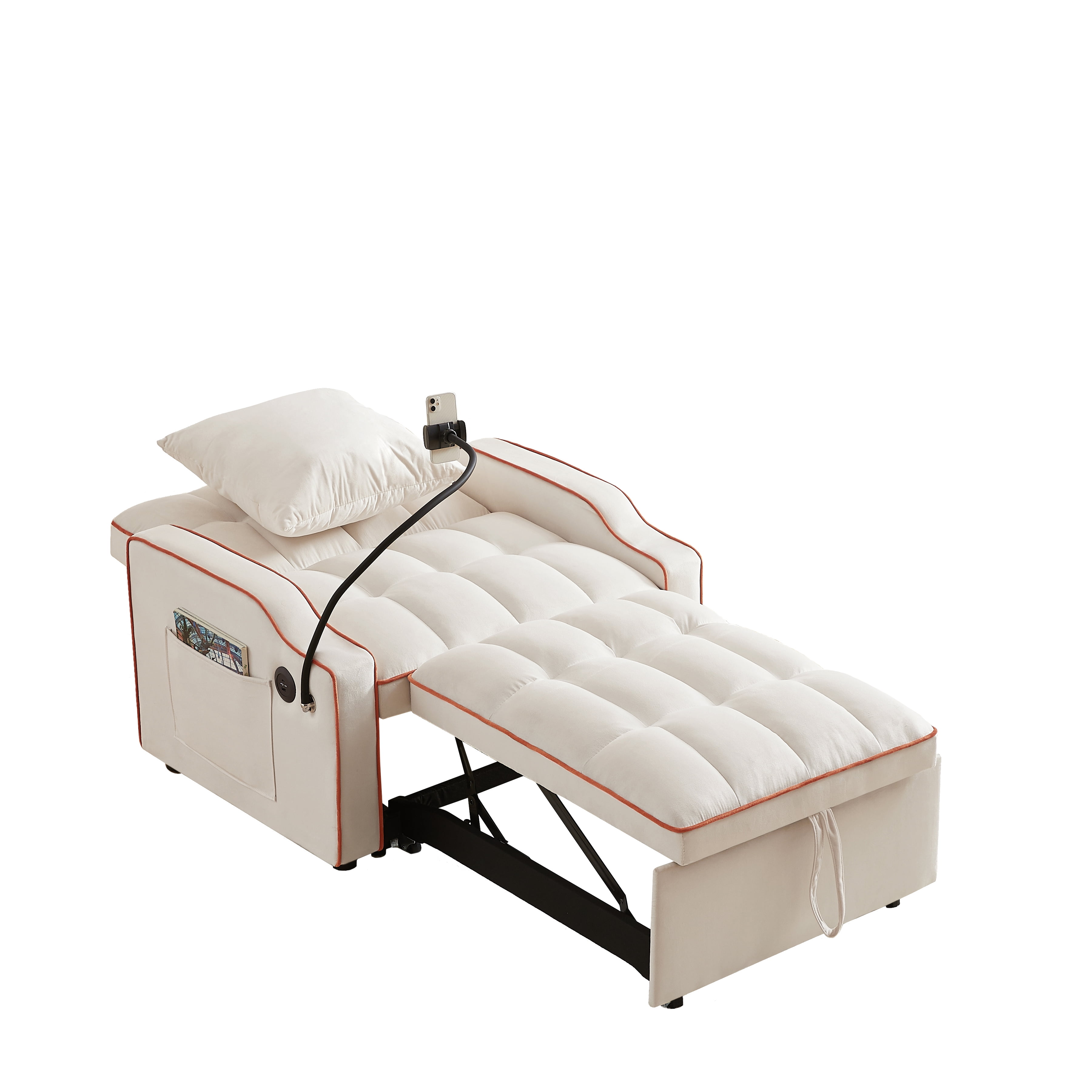 Leumius Convertible Sofa Chair Bed,3-in-1 Sleeper Sofa with Pull-Out Bed,Modern Velvet Single Sofa Chair with Reclining Backrest and Wide Armrest for Living Room Small Space,Beige