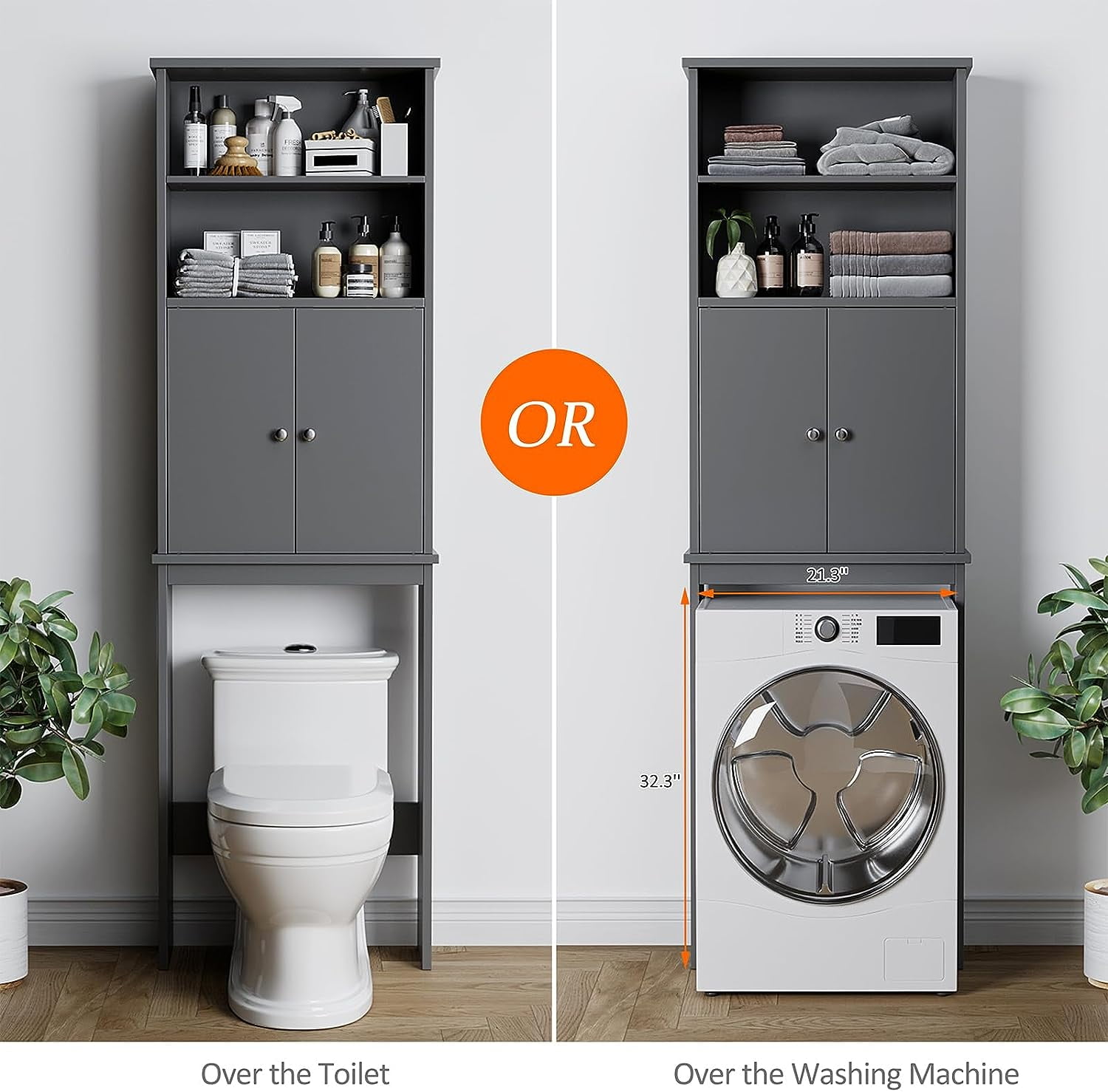 JessieMal Over the Toilet Storage Cabinet for Bathroom, 75in Over Toilet Cabinet Freestanding Storage Organizer, Space Saver with Doors and Adjustable Shelf, Grey