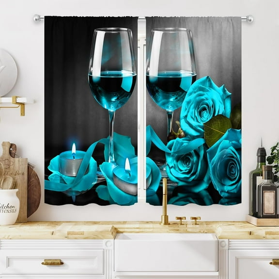 Teal Kitchen Curtains 27.5W x 39H Rod Pocket Blue Kitchen Curtains Rose and Wine Decor Floral Women Romantic Valentine Flower Blossom Small Living Room Bedroom Window Treatment Fabric 2 Panel