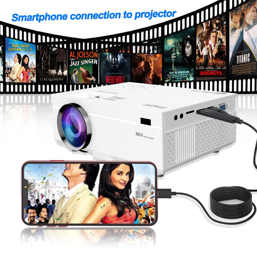 Led Projector 1080P Mini Projector, Portable Home Theater Movie Projector Support 150'' Display, Compatible with TV Stick, PS4, HDMI, VGA, TF, AV and USB -White