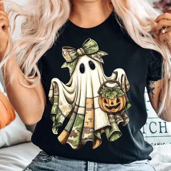 Women Retro Camo Patchwork Ghost Halloween Graphic T‑Shirt, Cute Bow Ghost with Pumpkin Print, Vintage Spooky Fall Casual Short Sleeve Holiday Tee Top